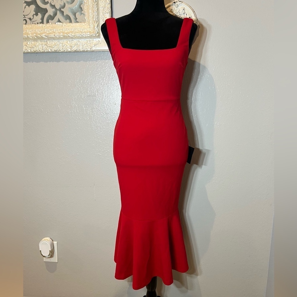 Lulu's Red Sheath Midi Dress Square Neck Sleeveless
